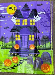 HALLOWEEN BANNER Spooky HAUNTED HOUSE Large Plastic 64″ x 48″ Cemetery Vintage