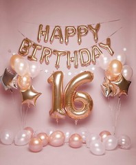 Complete Sweet 16 Rose Gold Party Package: Balloons, Props & Backdrops Included