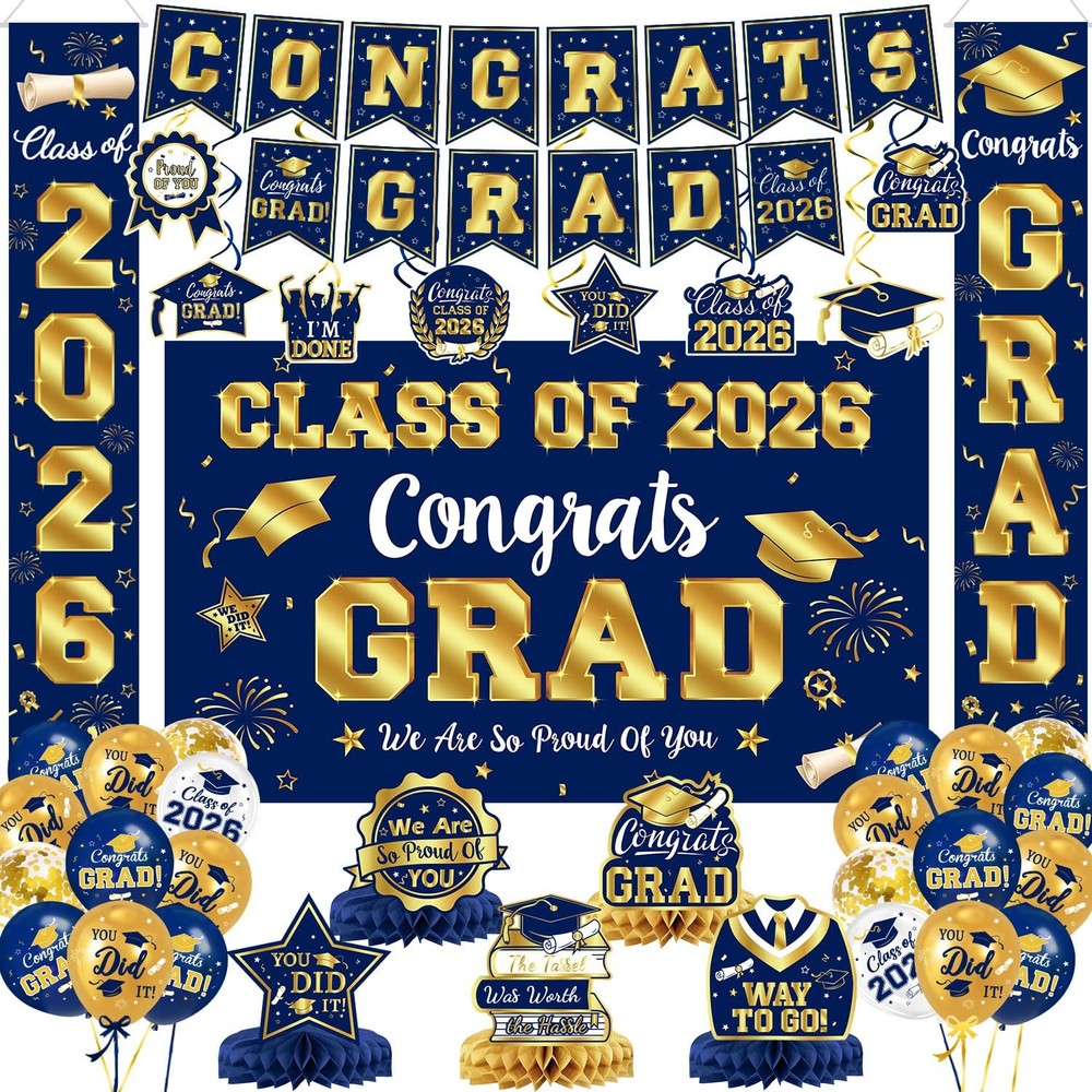 2026 Graduation Decorations – Navy Blue and Gold Graduation Decorations Set Cong