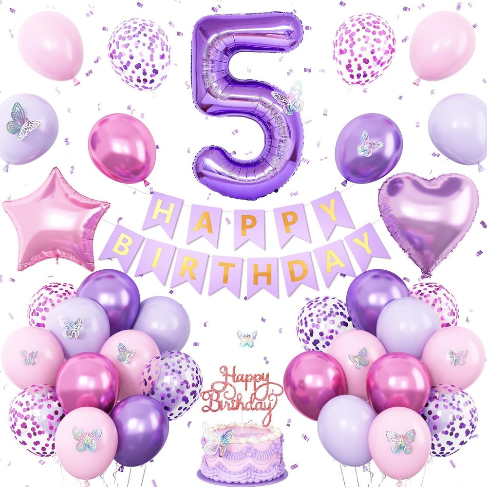 5th Pink Purple Decorations,Pink Purple 5th Balloons for Girls Lavender Party…