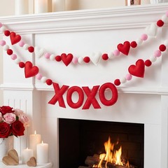 2pcs Valentine Garland Felt 3D Heart Pompom Garland Red White Pom Pom Banner …