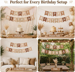 Happy Birthday Banner, Boho Neutral Beige Brown Canvas Faux Burlap Garland, Pre-