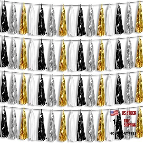 4P Black Gold Silver Foil Fringe Metallic Tassel Garland, Black Silver Gold
