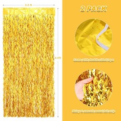 2 Pack 3.2×6.5 Feet Wavy Gold Foil Fringe Backdrop Curtains Tinsel Streamers