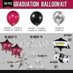 130 Pcs Maroon Black Silver Balloon Arch Kit with GRAD Letters & Graduation C…