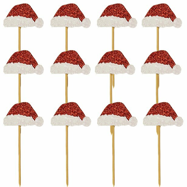 12 CHRISTMAS SANTA HAT GLITTER PICKS TOPPERS PARTY FOOD DECORATION CUPCAKE HATS