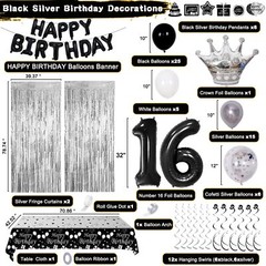 Black and Silver 16th Birthday Decorations for Boys Girls, Black and White 16…