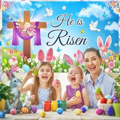 Mocicka Spring Easter Backdrop He is Risen Banner Floral Colorful Eggs green