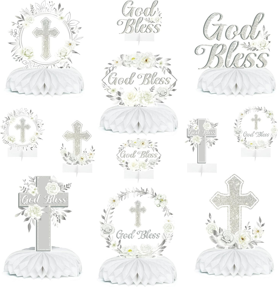 God Bless Honeycomb Centerpieces, 12Pcs Baptism Table Decorations | White Sliver