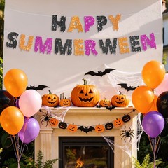 Happy Summerween Banner with 2 Pack Foil Curtain Summer Halloween Party Decor…