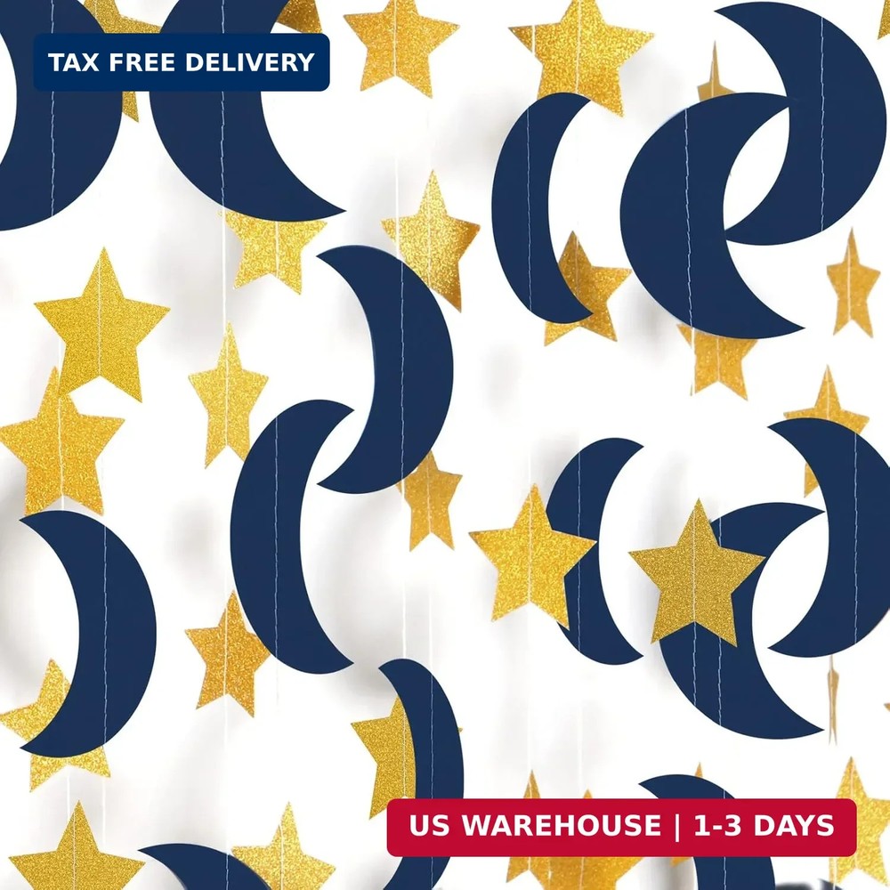 Navy-Blue Gold Moon-Star Party-Decorations Garland – 52Ft Twinkle Little Star Ha