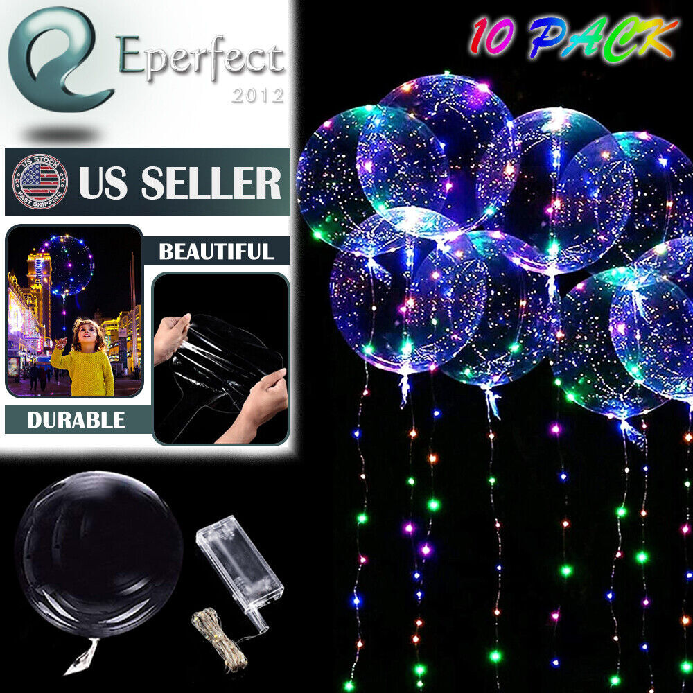 10 Pack LED Light Up BoBo Balloons 20″ Party Birthday Transparent Bubble Balloon