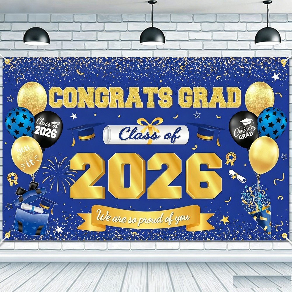 Blue Class of 2026 Congrats Grad Prom Backdrop Photo Background Party Banner