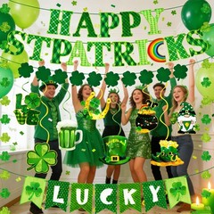64Pcs St Patricks Day Decorations Kit Shamrock Lucky Banner Garlands Clover Hang