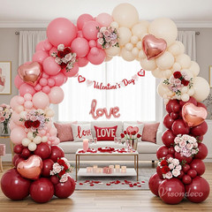 Burgundy Red and Pink Balloon Arch Kit with Heart Foil Balloons for Events