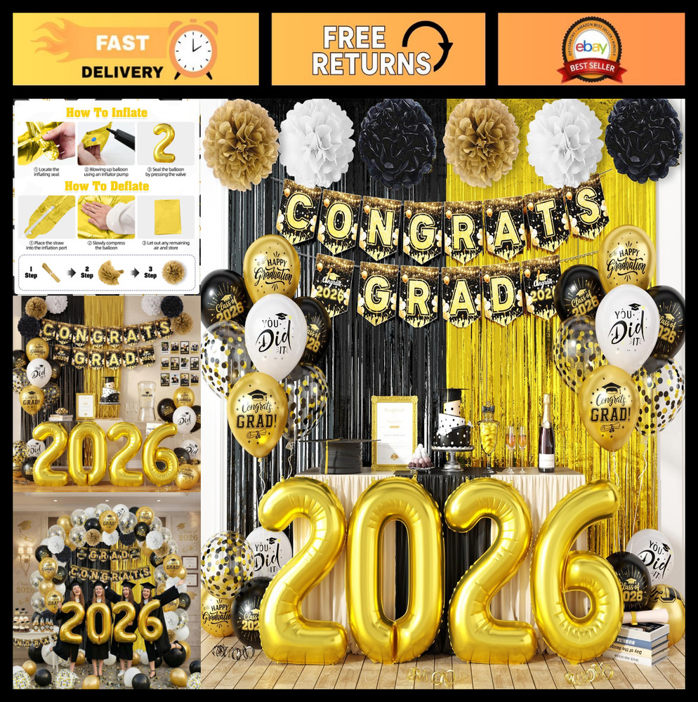 2026 Graduation Decorations – Black & Gold Balloons, Congrats Grad Banner, Party