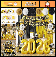 2026 Graduation Decorations – Black & Gold Balloons, Congrats Grad Banner, Party