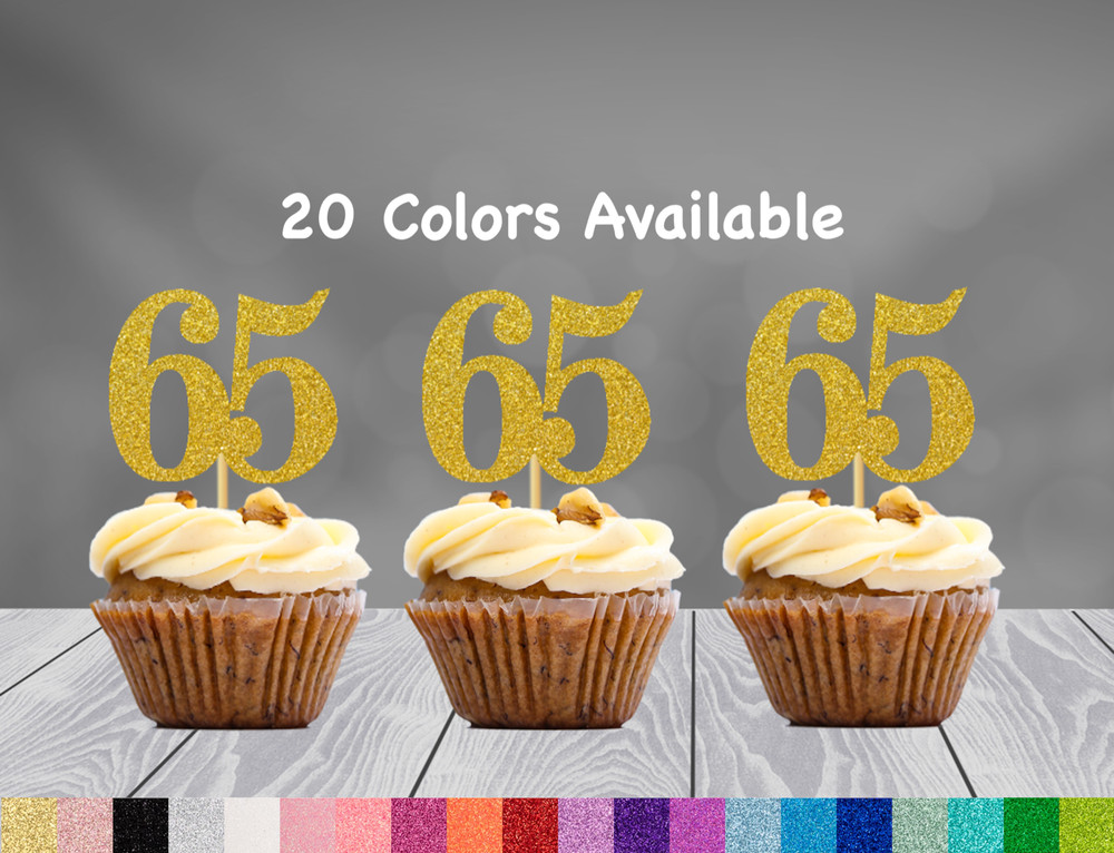65th Birthday Cupcake Toppers Party Decorations (SET of 12) 20 Colors Available