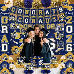 Navy Blue and Gold Graduation Decorations 2026 Set, All-In-1 Kit with Congrats G