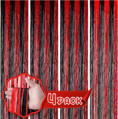 4 Pack Black and Gold Foil Fringe Backdrop Curtains, Tinsel Streamers Birthday P