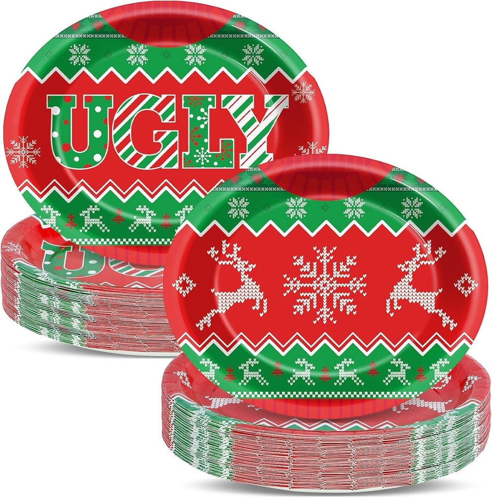 50 Piece Oval Ugly Sweater Christmas Dinner Disposable Paper Plate Platters