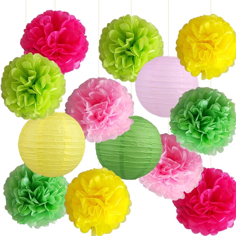 13 PCS Hawaiian Luau Party Decorations Tropical Tissue Paper Pom Poms Lanterns