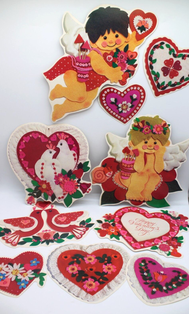 10-piece Set Valentines Diecut Cutouts 1979 Current Vintage Decoration Felt-Look