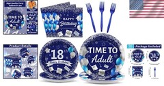 Time to Adult! 96 Pcs Blue & Silver 18th Birthday Tableware for Boys and Girls