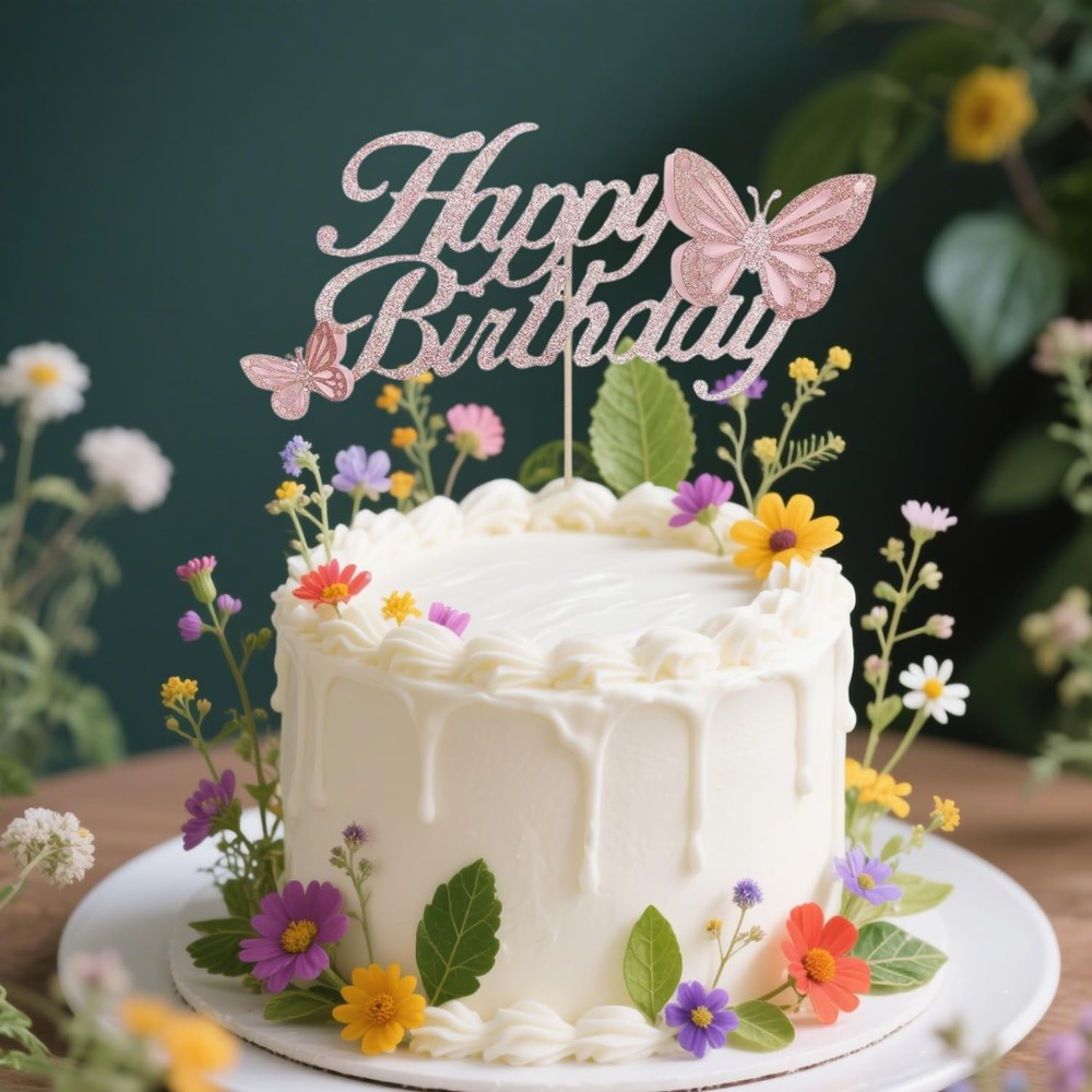 ALISSAR Rose Gold Happy Birthday Cake Topper with 3d Handmade Butterfly, Butt…