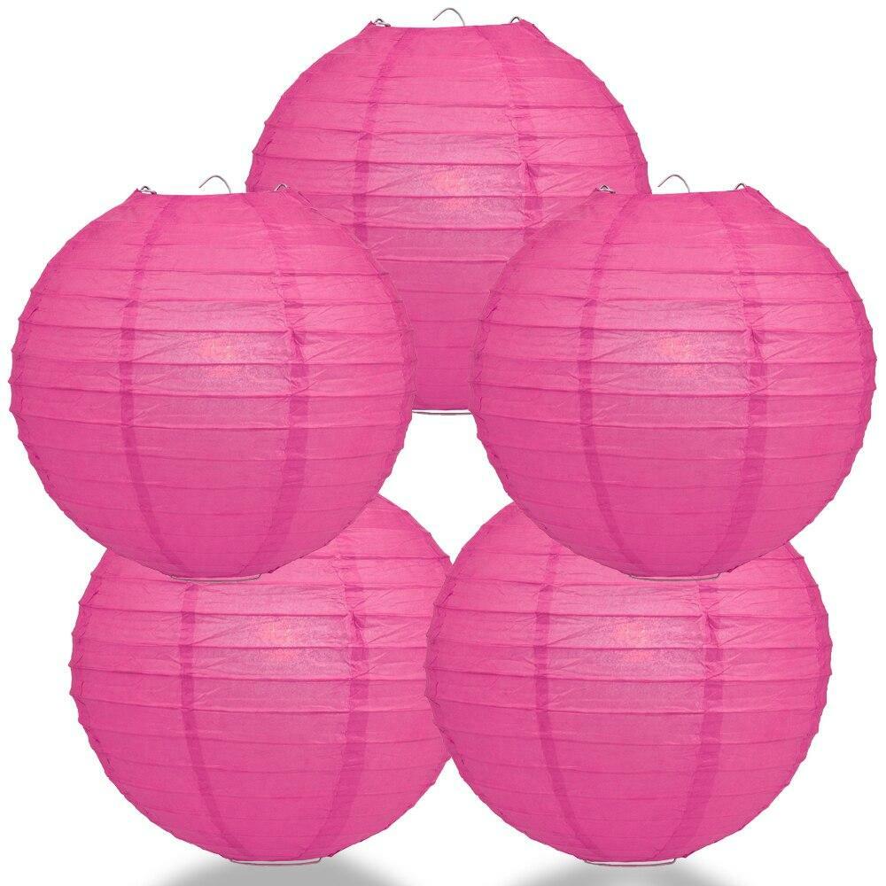 BULK PACK (5) 8″ Fuchsia / Hot Pink Round Paper Lantern, Even Ribbing, Chinese H