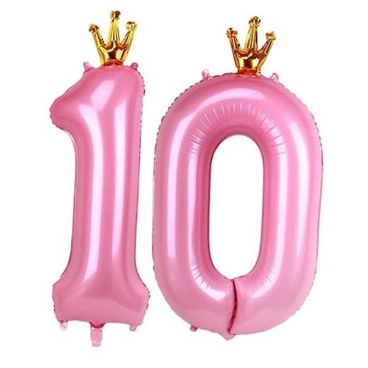Giant Pink Number 10 Balloon with Crown, 40inch Big Baby Pink Foil Pink 10