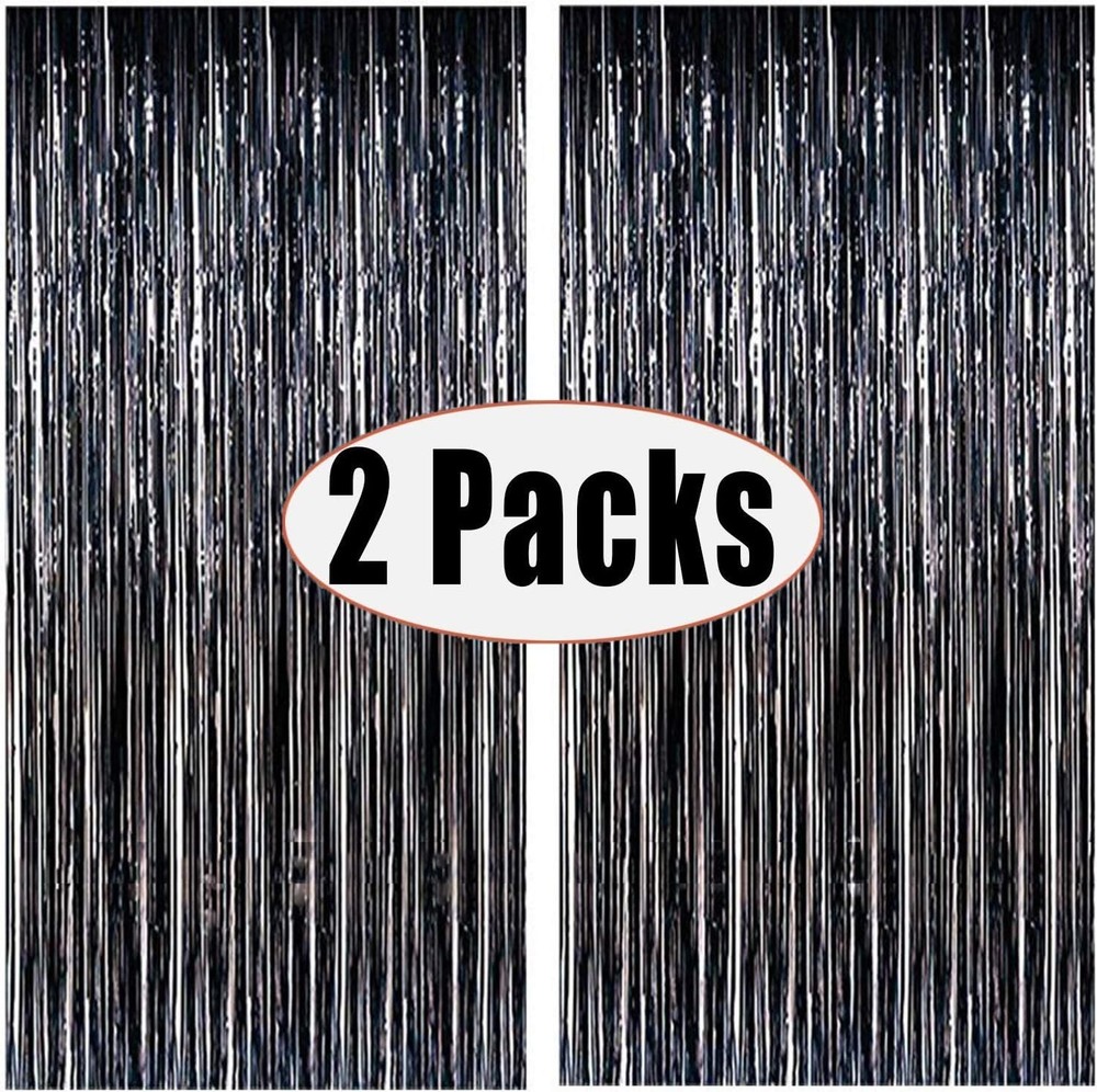 Fecedy 2 Pack Black Metallic Tinsel Foil Fringe Curtains Party Decor 3×8.3ft