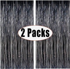 Fecedy 2 Pack Black Metallic Tinsel Foil Fringe Curtains Party Decor 3×8.3ft