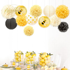 Bee Party Decorations, 12PCS Yellow Hanging Paper Lanterns Tissue Pom Poms Decor