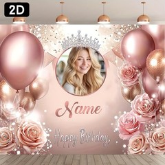 1pc Flower Crown Custom Birthday Banner Personalized Name Photo Party Backdrop♪