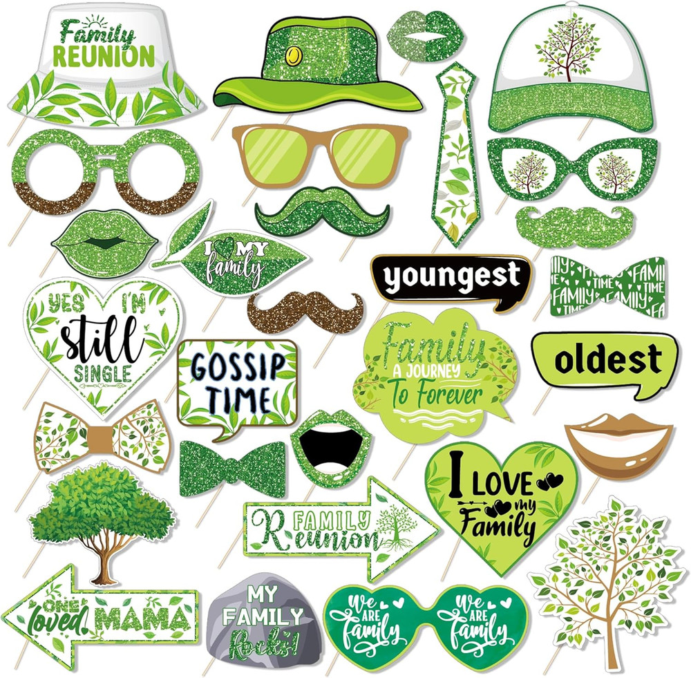 30Pcs Family Reunion Photo Booth Props with Stick – Family Gathering Birthday Th