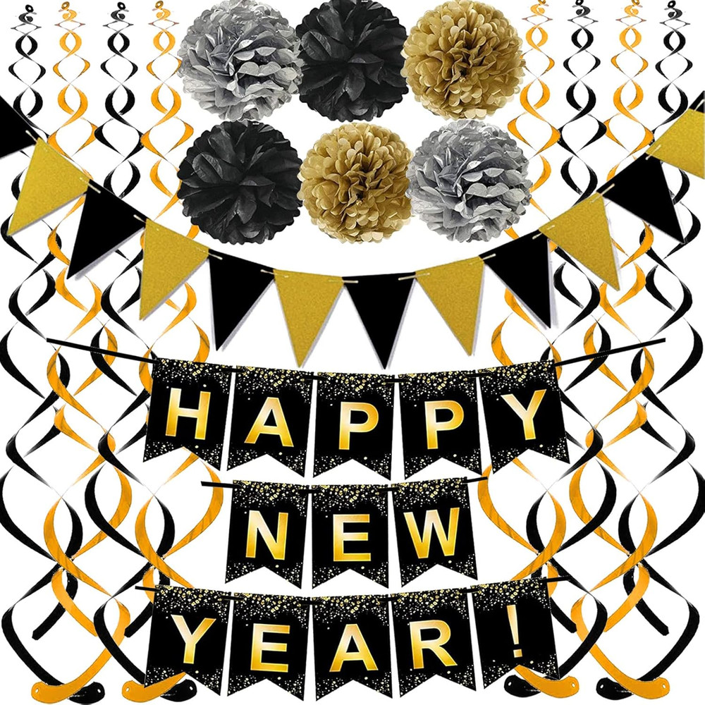 Happy New Year Set Black Banner with Gold Black Paper Flag Bunting Swirl Streame