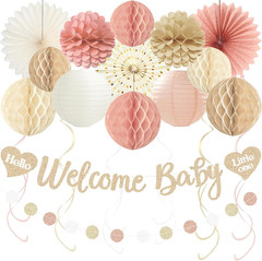 Boho Baby Shower Decorations Girl Pre-Strung Welcome Baby Banner Honeycomb Balls