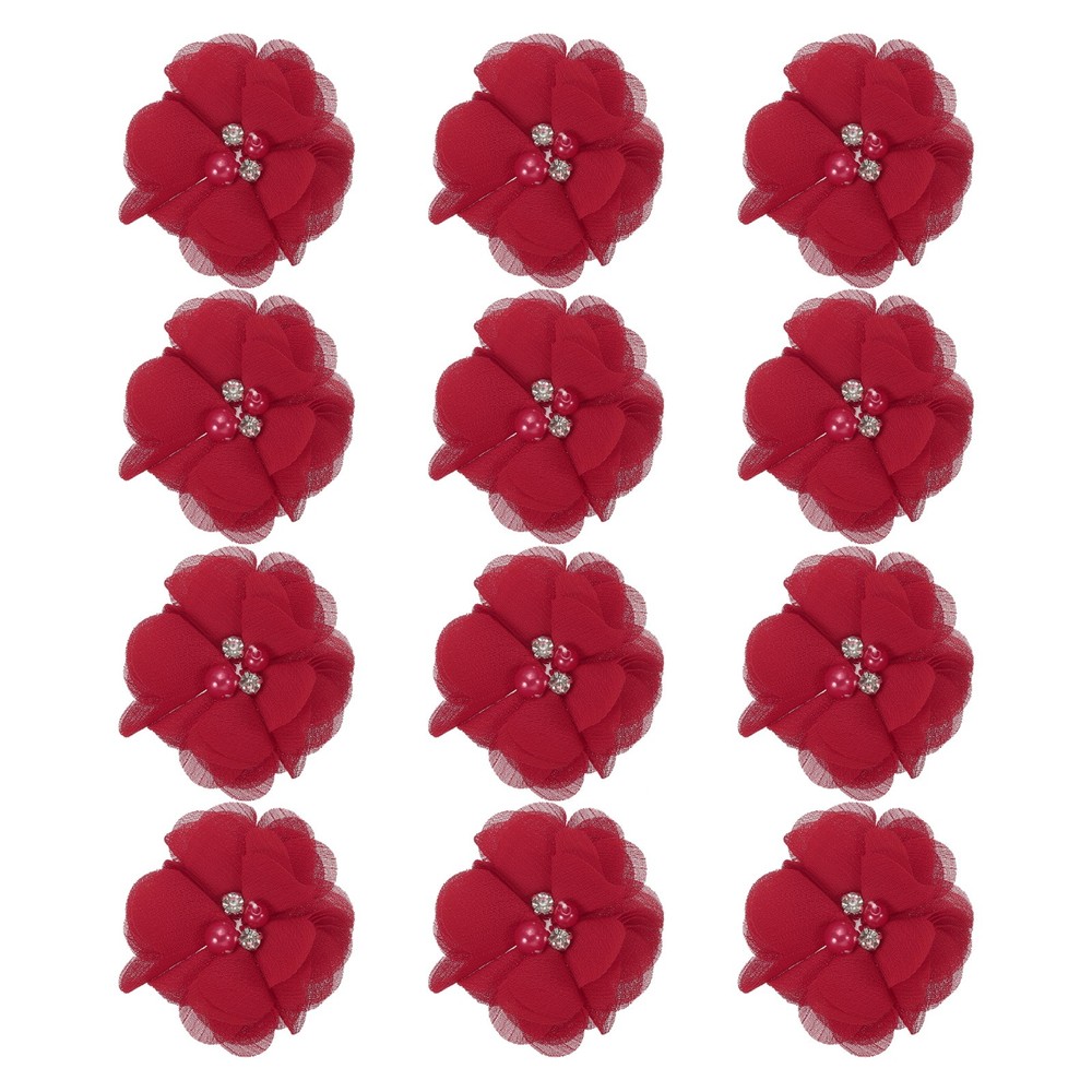 12Pcs 2″ Chiffon Flowers with Rhinestone Pearl Sewing Fabric Flowers, Red