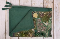 Cotton Silk Green Sari Patchwork Tapestry, Indian Handmade Cotton Wall Decor