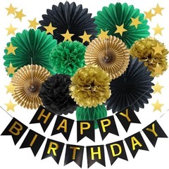 Green Black Gold Birthday Decorations with Happy Birthday Banner Hanging Pape…