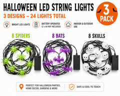 Set of 3 Halloween LED String Lights Skull/Spider/Bat Outdoor/Indoor Party Decor