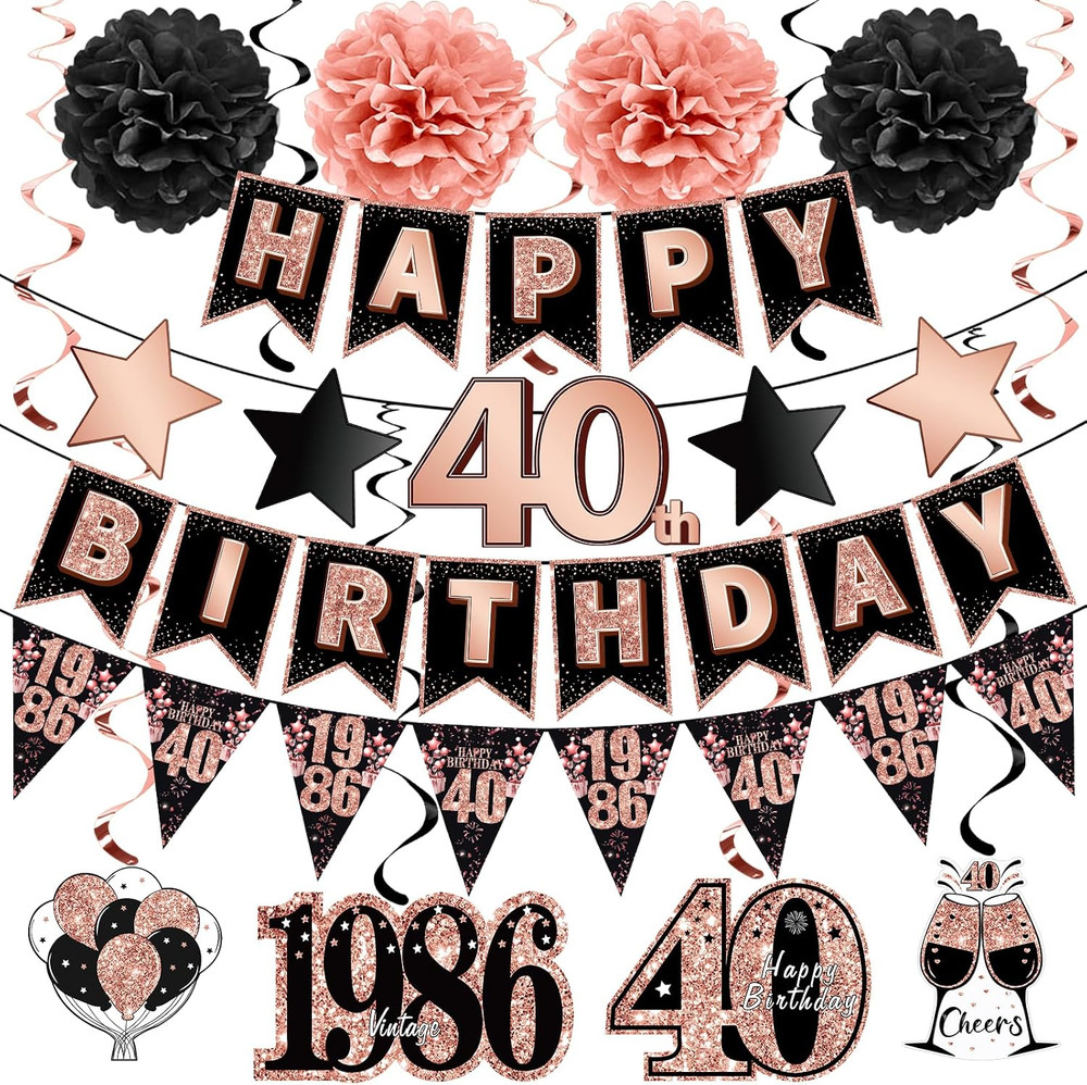 12PCS Black Rose Gold 40Th Birthday Decorations Kit for Women, Pre-Strung Happy