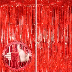 2 Pack Red Tinsel Foil Fringe Curtains, Red Party Decorations, Laser Red