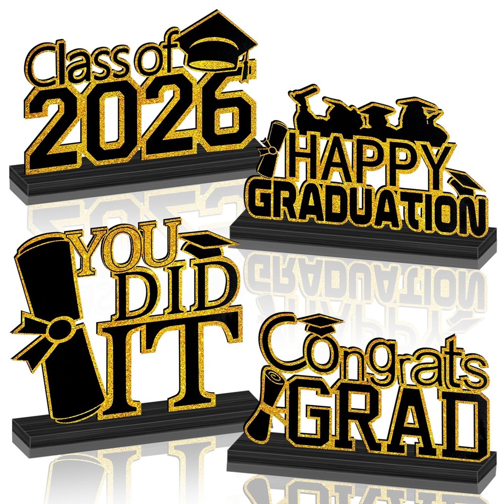 4 PCS Black Gold Graduation Decorations Class 2026 Wooden Table Centerpieces