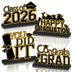 4 PCS Black Gold Graduation Decorations Class 2026 Wooden Table Centerpieces
