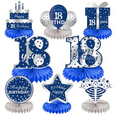 8 PCS 18th Birthday Decorations Table Centerpiece Blue Silver Honeycomb Topper