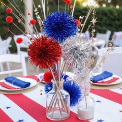 12 Pcs Large 4th of July Fireworks Decorations Patriotic Pom Pom Picks Red Blue