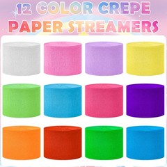 12 PCS Pastel Rainbow Crepe Paper Streamers Party Decor 1.8 Inch x 82 Feet