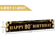 Large Happy 80Th Birthday Decoration Banner, Black and Gold Happy 80Th Birthday